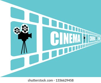 Cinema poster template on blue background. Tape movie with camera. Eps10