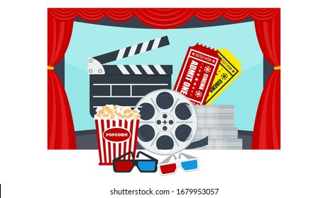 Cinema poster template. Row of soft red armchairs in front of a movie theater screen. Premiere of the film, screening. Flat vector illustration.