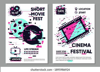 Cinema Poster Template. Vector Banner With Movie Objects. Online Video Backdrop. Glitch Style Image With Film. Color Illustration.