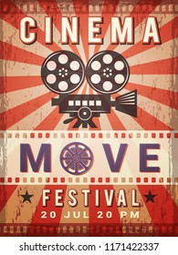 Cinema poster. Vintage design template of video and cinema production poster. Vector production and entertainment cinematography illustration