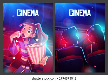 Cinema posters with audience in movie theater hall. Girl with popcorn and couple watching film. Vector flyers with cartoon illustration of people in cinema auditorium with red seats and projector