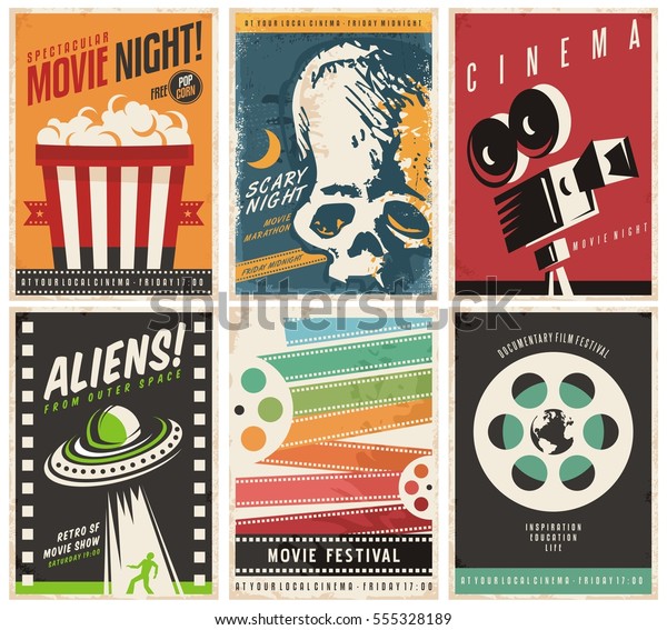 Cinema posters collection with different\
movie and film genres and themes. Creative retro vector design\
concept with six promotional pamphlets and advertises for cinema\
show on colorful\
backgrounds.