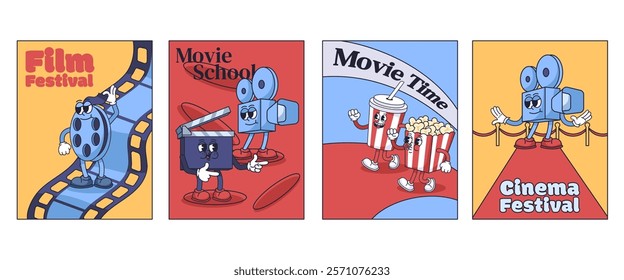 Cinema posters. Film festival, movie time and film school flyer designs with playful cartoon mascot film reel, clapboard, retro film camera, popcorn and drink characters. vector set.