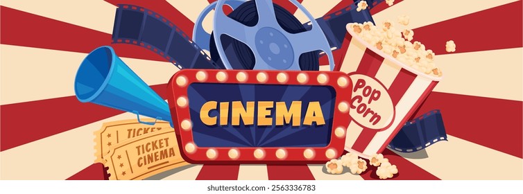 Cinema premiere illuminated advertising banner design template isometric vector illustration. Cinematography film industry media entertainment promo poster with bullhorn reel strip ticket and popcorn