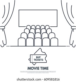 Cinema premiere line style vector. Movie theatre with seats and curtains. Big screen. Black and white simple lines. Banner with text and button