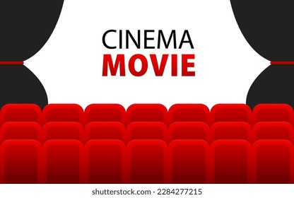 Cinema premiere poster design with white screen. Cinema movie. Cinema auditorium with screen and red seats. Cinema hall with a curtain. Vector illustration