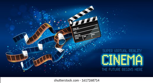 Cinema producers clapperboard for film making flying in Space with trails of stars and film-strip films. Super virtual reality online movie theater concept on blue background. Vector illustration.