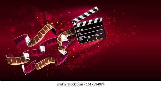 Cinema producers clapperboard for film making flying in Space with trails of stars and film-strip films. Super virtual reality online movie theater concept on red background. Vector illustration.