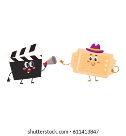 Cinema production clapperboard and movie ticket characters with smiling human faces, cartoon vector illustration isolated on white background. Cinema clapper board and movie ticket characters, mascots