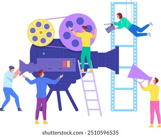 Cinema production concept. Film crew work together isolated on white background