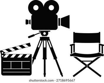 Elementos de Producción de Cine: Cámara de Película, Tablero de Clapperboard, Silla de Director
