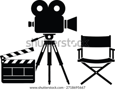 Cinema Production Elements: Film Camera, Clapperboard, Director Chair Silhouettes