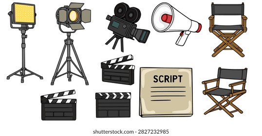 Cinema production equipment set vector illustration with film camera, director chairs, clapperboard, lighting, and script