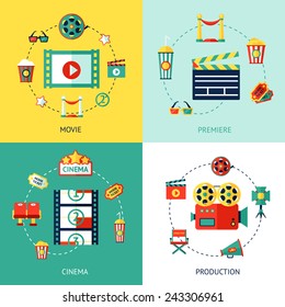 Cinema production flat design concepts set with movie premiere  icons isolated vector illustration