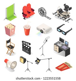 Cinema production and movie watching icon set. Films industry and theatre video shown for public entertainment. Vector illustration on white background