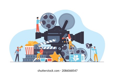 Cinema production process. Film production studio, cameraman, directors and illuminators with professional equipment shooting video, tiny movie workers and editors vector isolated concept