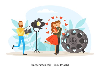Cinema Production Process, Tiny Cameraman Making Shooting Movie with Happy Romantic Couple in Studio Flat Vector Illustration