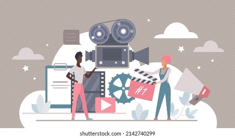 Cinema Production Vector Illustration. Cartoon Professional Team Of Tiny People Holding Clapperboard And Camera, Filmmaking. Entertainment Industry, Video Film Making Process In Studio Concept