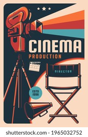 Cinema production vector retro poster with vintage video camera, clapper board and director chair. Film studio, movie entertainment, cinematography industry card with old camcorder recording movie