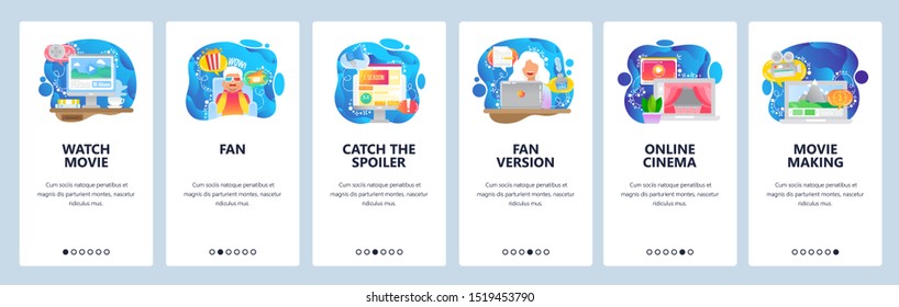 Cinema production web site and mobile app onboarding screens. Menu banner vector template for website and application development with blue gradient dynamic liquid abstract shapes.