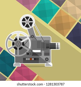 Cinema projector, film projection apparatus for cinemas on a stylized multicolor background. Vector illustration