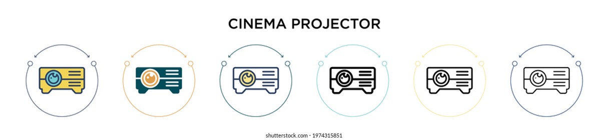 Cinema projector icon in filled, thin line, outline and stroke style. Vector illustration of two colored and black cinema projector vector icons designs can be used for mobile, ui, web