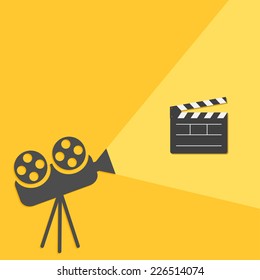 Cinema projector with light Open movie clapper board template icon. Flat design style. Vector illustration