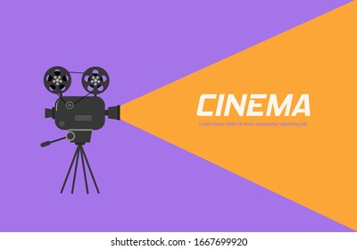 Cinema projector on a tripod. Hand-drawn sketch of an old cinema projector in monochrome isolated on color background. Template for banner, flyer or poster. Vector illustration, EPS 10.