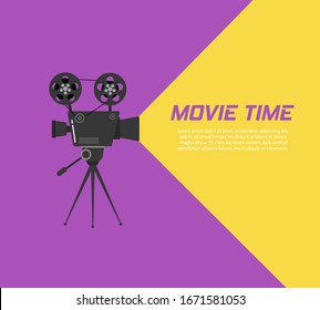 Cinema projector on a tripod. Hand-drawn sketch of an old cinema projector in monochrome isolated on color background. Template for banner, flyer or poster. Vector illustration, EPS 10.