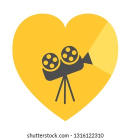 Cinema projector with ray of light. Heart shape. I love movie cinema icon. Yellow background. Isolated. Flat design. Vector illustration