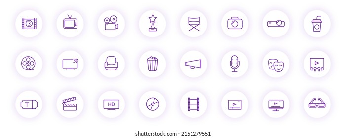 cinema purple color outline icons on light round buttons with purple shadow. cinema icon set for web, mobile apps, ui design and print