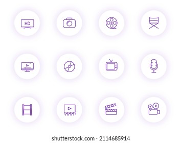 cinema purple color outline vector icons on light round buttons with purple shadow. cinema icon set for web, mobile apps, ui design and print