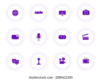 cinema purple color vector icons on light round buttons with purple shadow. cinema icon set for web, mobile apps, ui design and print