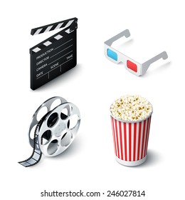 Cinema realistic set with 3d glasses clapperboard filmstrip and popcorn isolated vector illustration