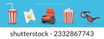 Cinema realistic vector icons set. 3D striped cup with straw, ticket, chair, popcorn bucket, anaglyph glasses. Movie industry objects. Color illustrations with shadows