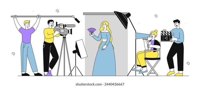 Cinema record scene linear. Men and woman at stage with cameras. Movie and series production, film industry. Actors with directors. Doodle flat vector illustration isolated on white background