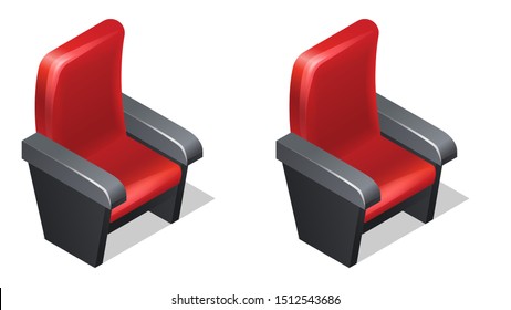 Cinema red armchair isometric icons with shadow cartoon vector illustration isolated on white background. Movie industry element, spectator chair, audience seat theater or cinema hall