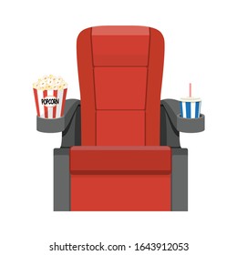 Cinema red velvet seats armchair with popcorn and soda drink.