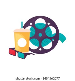 cinema reel tape with glasses 3d and drink