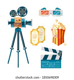 Kinobezogene Flachdesign-Set. Kamera, Popcorn, Eintrittskarten, 3D-Brillen und Kinoklaffer. Filmobjekte für Banner, Plakatdesign. Trendy flach Stil. Vektorgrafik