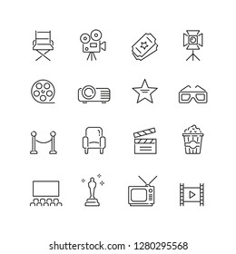 Cinema related icons: thin vector icon set, black and white kit