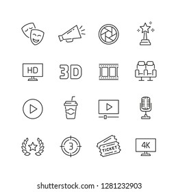 Cinema related icons: thin vector icon set, black and white kit