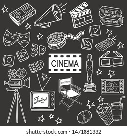 Cinema related objects and elements collection. Hand drawn vector doodle illustration over chalkboard isolated on black background.