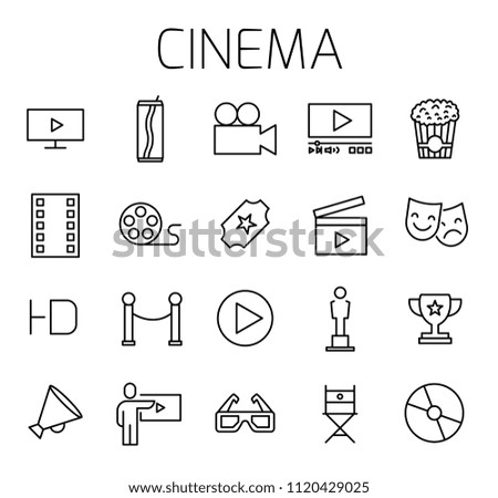 Cinema related vector icon set. Well-crafted sign in thin line style with editable stroke. Vector symbols isolated on a white background. Simple pictograms.