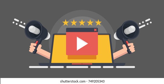 Cinema reputation, video rating vector banner concept, play button on red background, video watching, cinema big anons advertising concept isolated on gray background