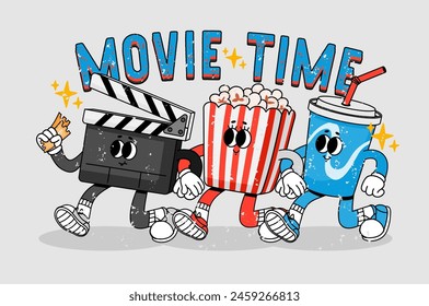 Cinema retro characters. Movie time, cartoon theater mascots. Funny theater food, pop corn, soda and clapperboard with ticket. Video character with legs, hands. Vector concept. Watching film