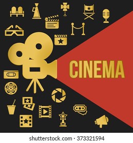 Cinema retro projector highlights word cinema. Template vector concept.