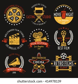 Cinema retro style emblems set with inscriptions film equipment award drink on black background isolated vector illustration 