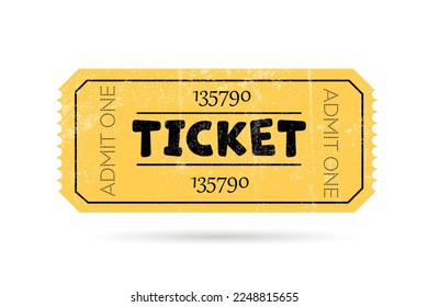 Cinema retro ticket yellow design. Movie ticket template. Realistic cinema theater admission pass mock up coupon. Vintage retro old ticket