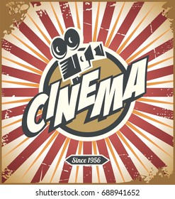 Cinema retro tin sign design with movie camera graphic. Vintage style vector illustration on playful background.